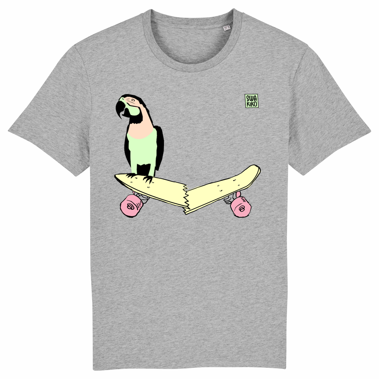Skate T-shirt, parrot on skateboard, men, grey