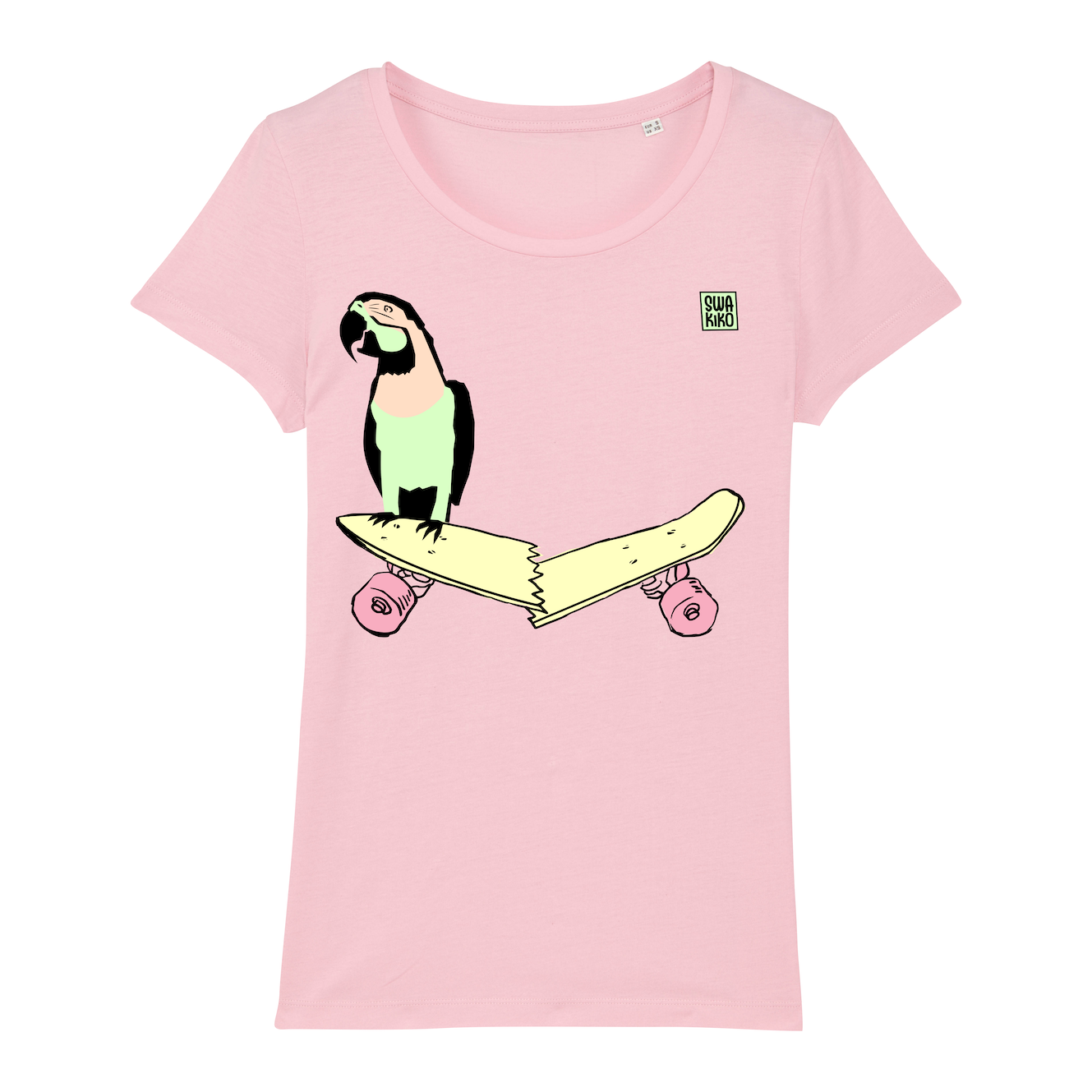 Skate T-shirt women, parrot on skateboard, pink