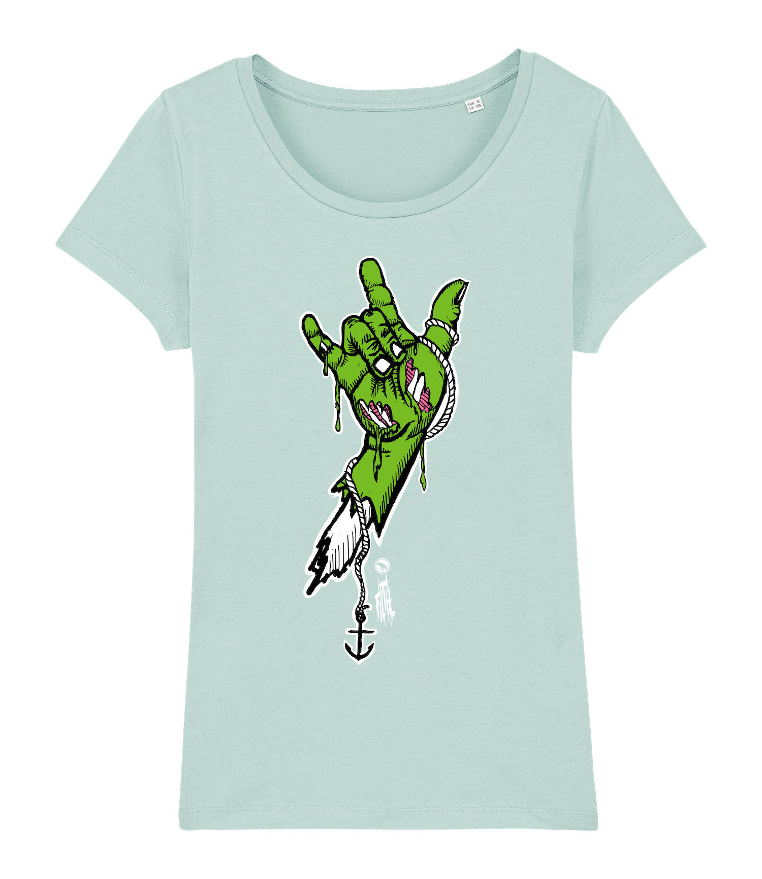 Surf t-shirt women, green rock hand on caribbean blue T-shirt