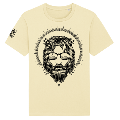 Geel surf t-shirt met artwork van meneer van Nazareth met zonnebril