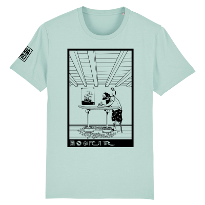 Groen T-shirt met artwork van surfboard Shaper en papagaai op zijn schouder