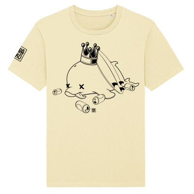Geel T-shirt van een dronken dolfijn met surfboard op z'n rug en een kroon op zijn hoofd