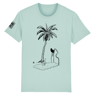 Groen T-shirt met design van een palmboom bij een graf