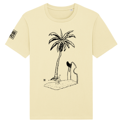 geel T-shirt met design van een palmboom bij een graf