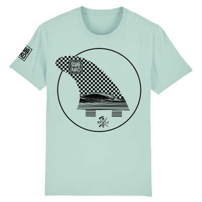 Turqoise T-shirt met geblokt design en mooie golf in een surfboard fin