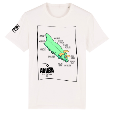 Wit T-shirt met een design van Aruba als beschadigd surfboard en de namen van stranden en surf spots.