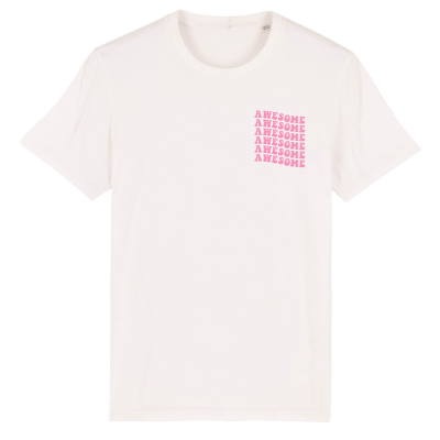Voorkant van een gebroken wit T-shirt met een roze golvende awesome borstprint