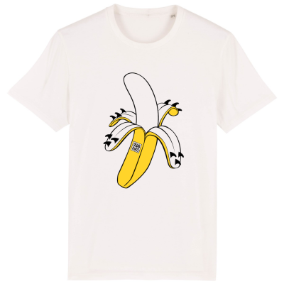 Off white T-shirt met zeer origineel artwork van een banaan met surf fins