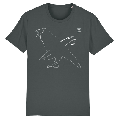 Antraciet t-shirt van een kraai met een surfboard onder zijn vleugel
