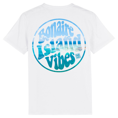 Wit T-shirt met Bonaire Island Vibes en de prachtige turquoise tinten van de  caribische zee.
