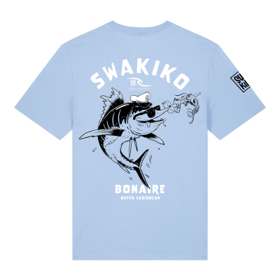 Licht blauw Swakiko Bonaire T-shirt met cartoon print van een Blue Marlin met zonnebril