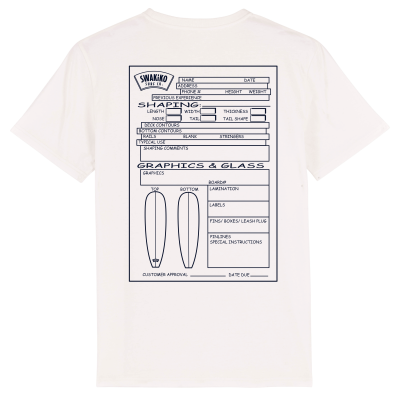 Wit T-shirt met artwork van een invulformulier voor het maken van een Custom Surfboard