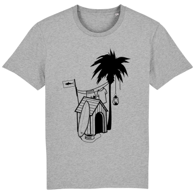 Sfeervol Grijs T-shirt met een surfboard tegen een hondenhok naast een palmboom