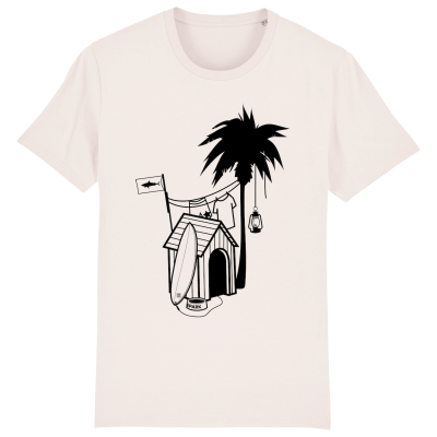 Sfeervol off white T-shirt met een surfboard tegen een hondenhok naast een palmboom