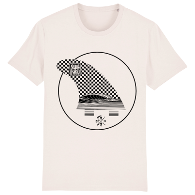 Wit T-shirt met geblokt design en mooie golf in een surfboard fin