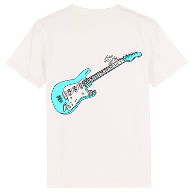 Wit T-shirt met een turquoise Stratocaster surf gitaar op de rug
