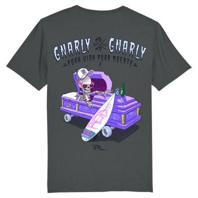 Antraciet Surf Skate t-shirt met een skelet met surfboard in grafkist op skateboard