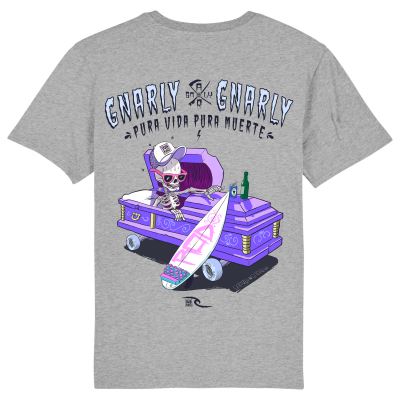 Grijs Surf Skate t-shirt met een skelet met surfboard in grafkist op skateboard