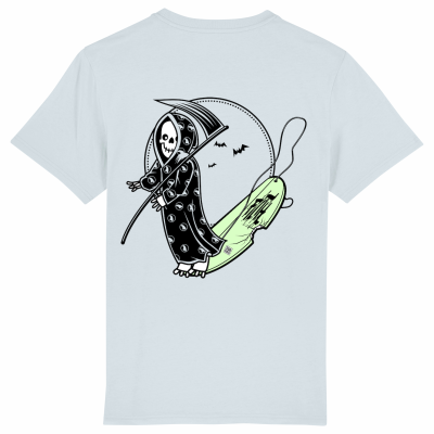 Blauw t-shirt met the grom reaper op zijn surfboard
