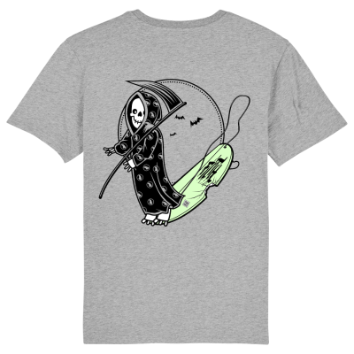 Grijs t-shirt met the grom reaper op zijn surfboard