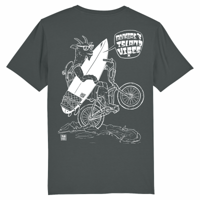 Antraciet T-shirt met wit design van een geit die op z'n achterwiel over Bonaire fietst met een surfboard in de hand en skate