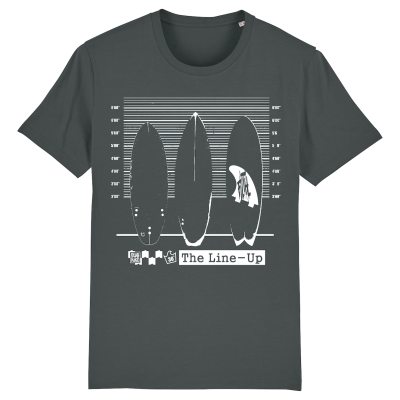 Antraciet T-shirt met klassiek witte print van 3 surfboards in 'lineup'