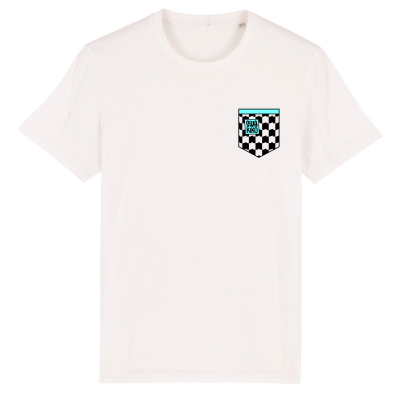 Wit T-shirt met geblokt SWAKiKO logo met turquoise rand op de borst