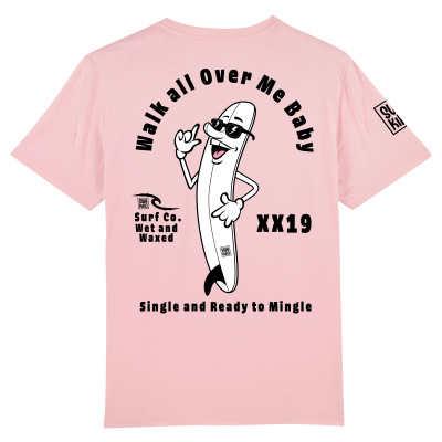 Roze T-shirt met vrolijke surfboard-cartoon - Klaar om bereden te worden, surfgeluk gegarandeerd!
