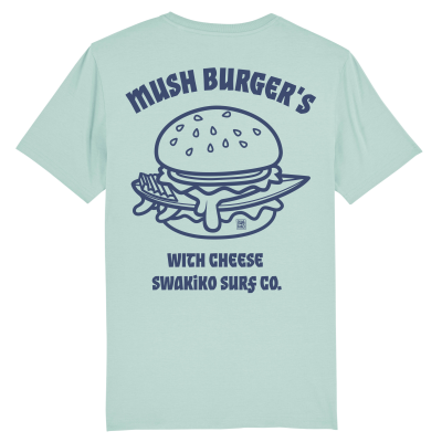 Turquoise Mush Burger T-shirt met  blauw design van een surfboard in hamburger met kaas!