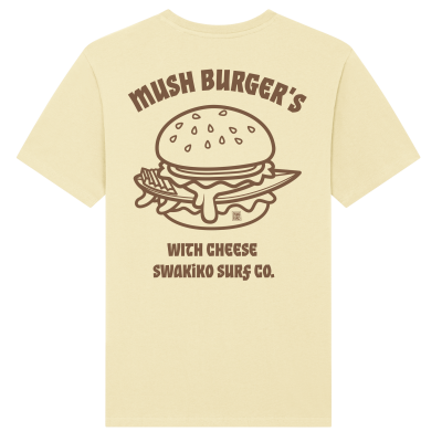 Geel T-shirt met heerlijk surfboard-hamburger design - Een smakelijke twist voor surfliefhebbers