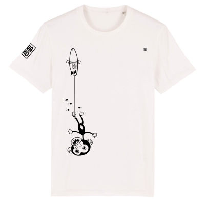 Grappig wit T-shirt  met een ondersteboven hangende aap aan zijn surfboard,