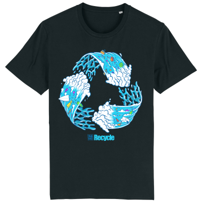 Zwart surf T-shirt met artwork van een Escher stijl recycle golf