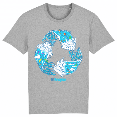 Grijs surf T-shirt met artwork van een Escher stijl recycle golf
