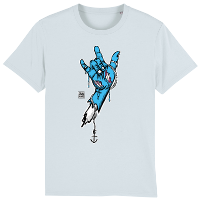 Licht blauw t-shirt met blauw design van ee hand met anker