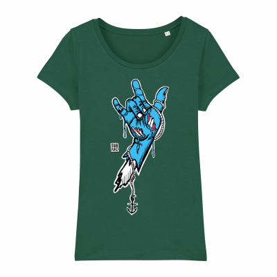 Surf t-shirt women green,, rock hand blue