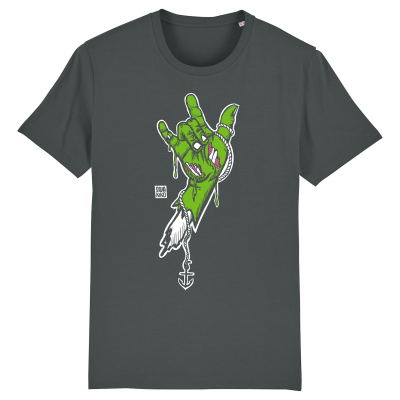 Antraciet t-shirt met een artwork van een groene arm en een anker in de hand