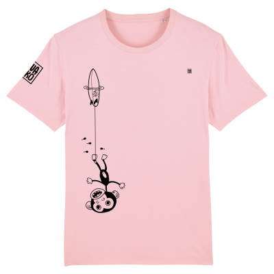 Grappig Roze T-shirt  met een ondersteboven hangende aap aan zijn surfboard,