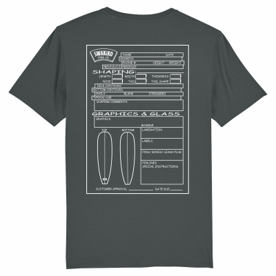 Antraciet T-shirt met custom surfboard order formulier design - Bestel nu jouw gepersonaliseerde surfboard