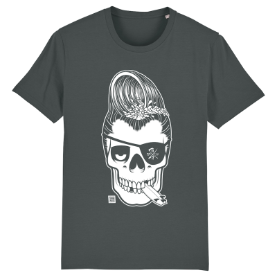 Anthracite T-shirt met een doodshoofd met surfboard in z'n mond en een kapsel  als een golf
