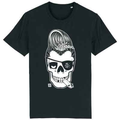 Zwart T-shirt met een doodshoofd met surfboard in z'n mond en een kapsel  als een golf