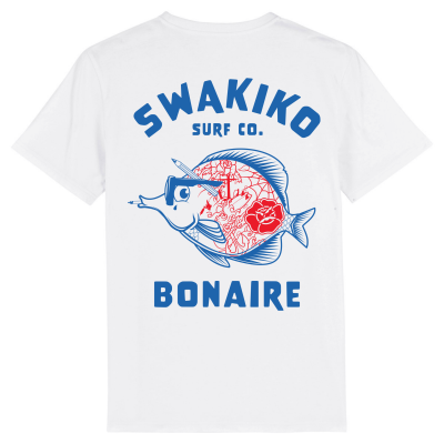 Wit T-shirt met blauwe print van een stijlvol getatoëerde doktersvis