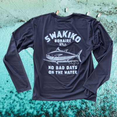 Zwart surf shirt, rashguard, met print van een tonijn op een surfboard