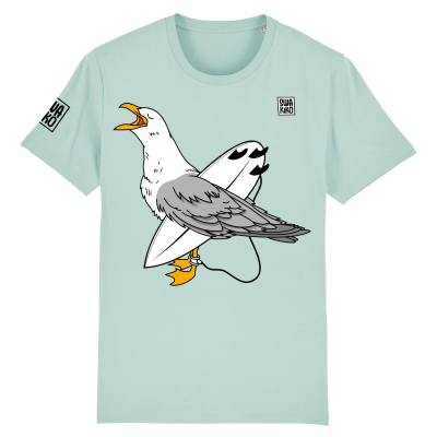 Turquoise T-shirt: Zeemeeuw met surfboard onder de vleugel, wachtend op de perfecte golf - Artistiek design