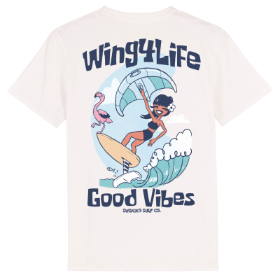 Off white T-shirt met artwork van een vrolijke dame op een wingfoil en een flamingo op de neus van haar board