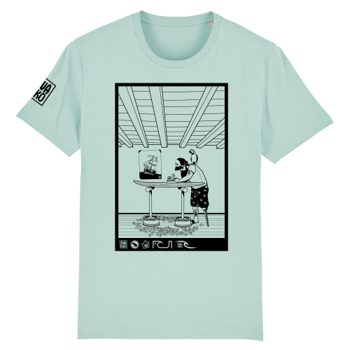 Groen T-shirt met artwork van surfboard Shaper en papagaai op zijn schouder