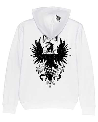 Witte hoodie met een design van een zwarte papegaai met vleugels wijd en een skateboard tussen z'n poten