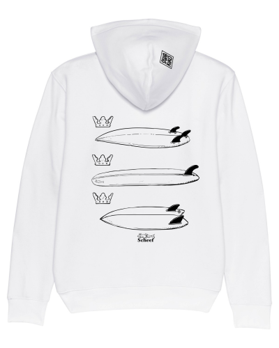 Witte Surf Hoodie met een origineel artwork van drie surfboards met kroontjes als parodie op de vlag van Scheveningen  met de