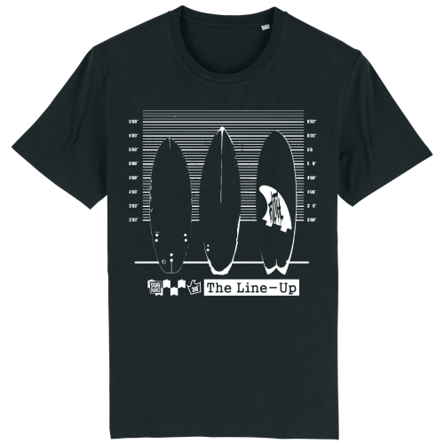Zwart T-shirt met klassiek witte print van 3 surfboards in 'lineup'