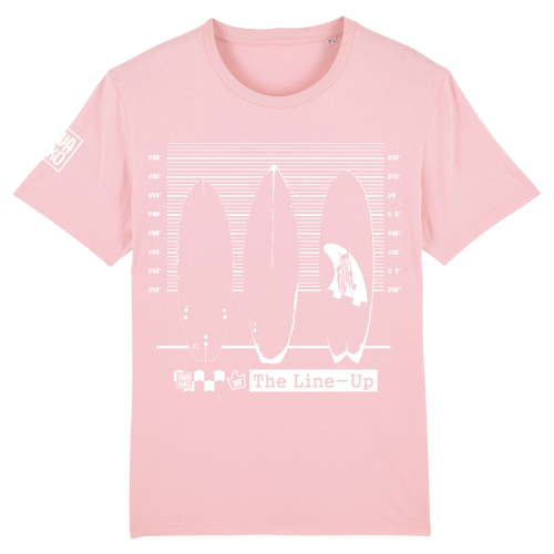 Roze T-shirt met klassiek witte print van 3 surfboards in 'lineup'
