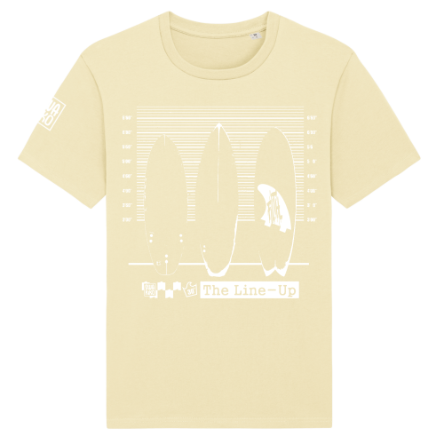 Geel T-shirt met klassiek witte print van 3 surfboards in 'lineup'